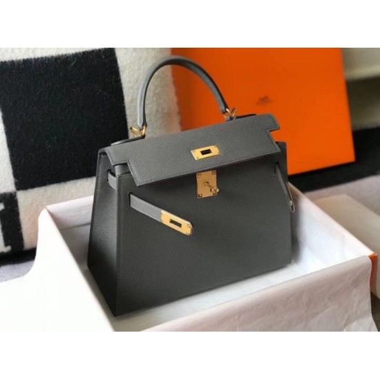 Special Grade Replica Hermes Kelly 28cm/32cm Slate Grey Bag Epsom gold hardware Clone Sale