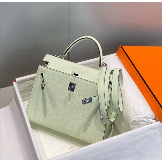 Special Grade Replica Hermes Kelly 28cm Light Green Epsom Bag with Silver Hardware Clone Sale
