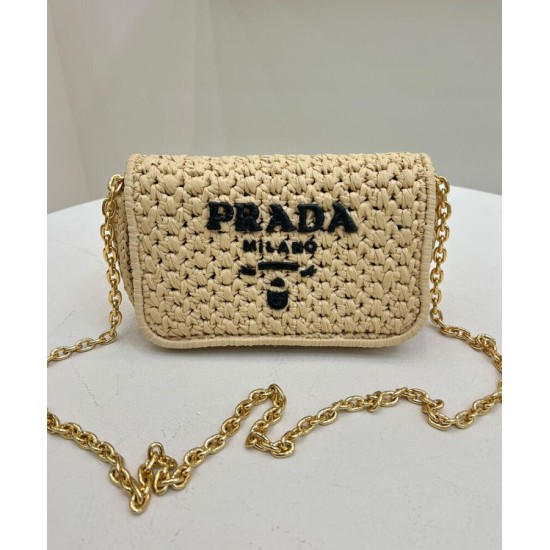Replica Prada Crochet Raffia Shoulder Bag Apricot