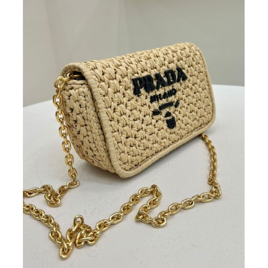 Replica Prada Crochet Raffia Shoulder Bag Apricot