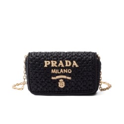 Replica Prada Crochet Raffia Shoulder Bag Black
