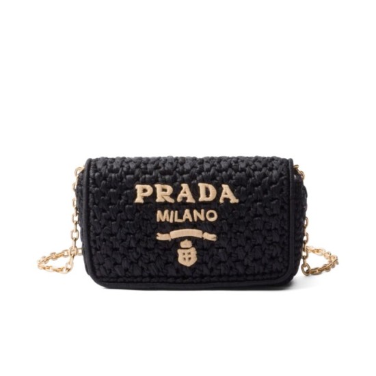 Replica Prada Crochet Raffia Shoulder Bag Black