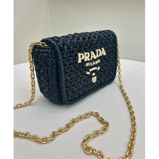 Replica Prada Crochet Raffia Shoulder Bag Black