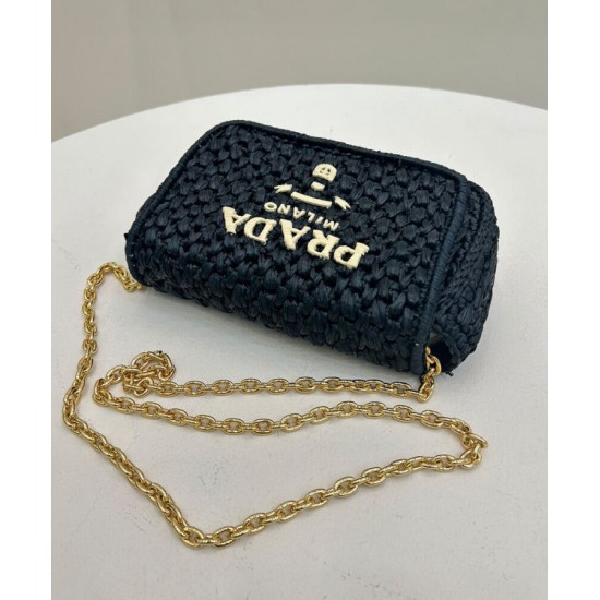 Replica Prada Crochet Raffia Shoulder Bag Black