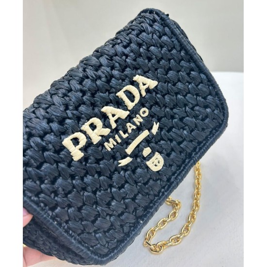 Replica Prada Crochet Raffia Shoulder Bag Black