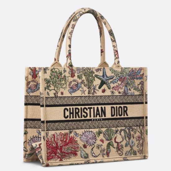 Replica Dior Medium Book Tote Bag Raffia with Dior Cabinet de Curiosites Beige