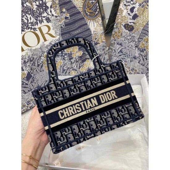 Fake Christian Dior Mini Book Tote Bag Dior Oblique Embroidered Velvet Blue Replica