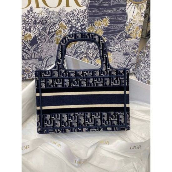 Fake Christian Dior Mini Book Tote Bag Dior Oblique Embroidered Velvet Blue Replica