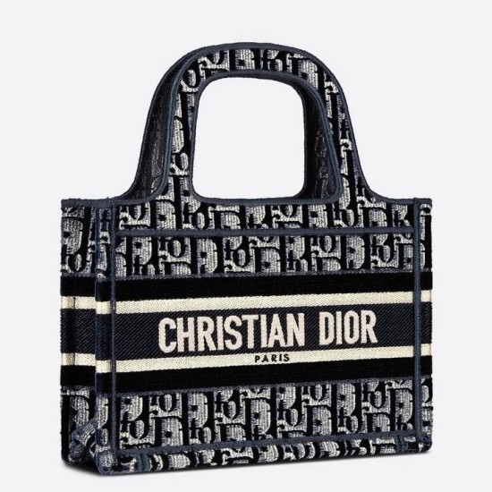 Fake Christian Dior Mini Book Tote Bag Dior Oblique Embroidered Velvet Blue Replica