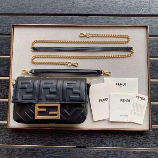 Replica Fendi Mini Baguette FF Motif Bag Black