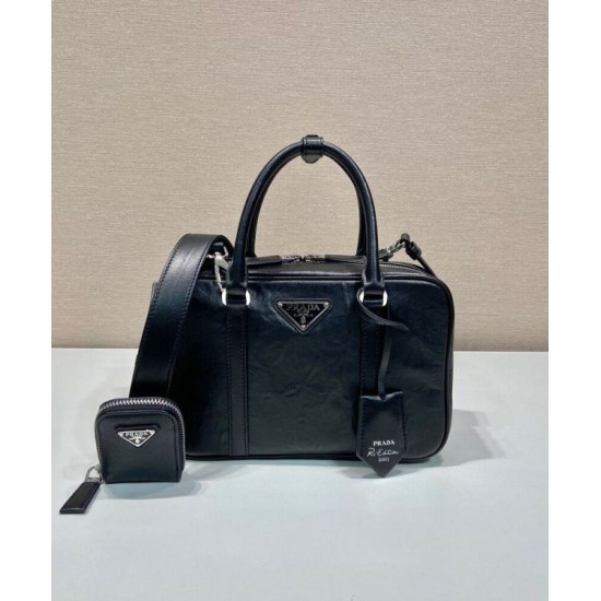 Replica Prada Medium Antique Nappa Leather Top Handle Bag 1BB092 Black