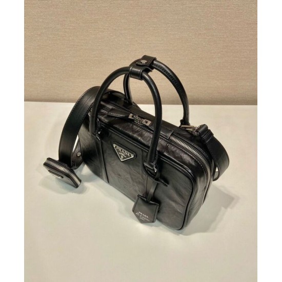 Replica Prada Medium Antique Nappa Leather Top Handle Bag 1BB092 Black