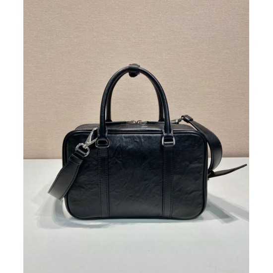 Replica Prada Medium Antique Nappa Leather Top Handle Bag 1BB092 Black