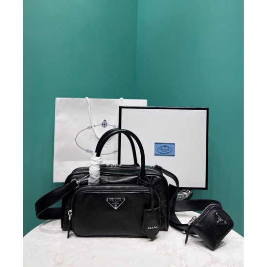 Replica Prada Antique Nappa Leather Multi-pocket Top-handle Bag 1BB099 Black
