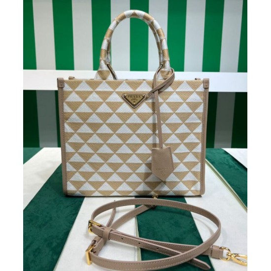 Fake Prada Small Prada Symbole Embroidered Fabric Handbag 1BA354 Cream Replica