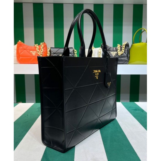 Fake Prada Large Leather Prada Symbole Bag With Topstitching 1BA377 Black Replica