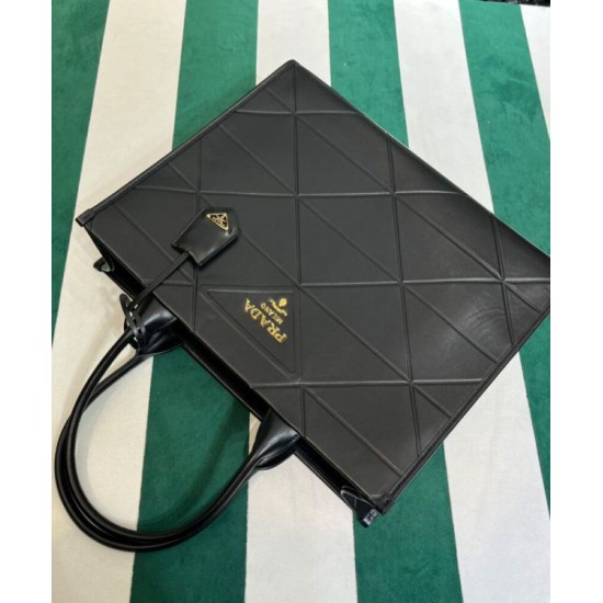 Fake Prada Large Leather Prada Symbole Bag With Topstitching 1BA377 Black Replica