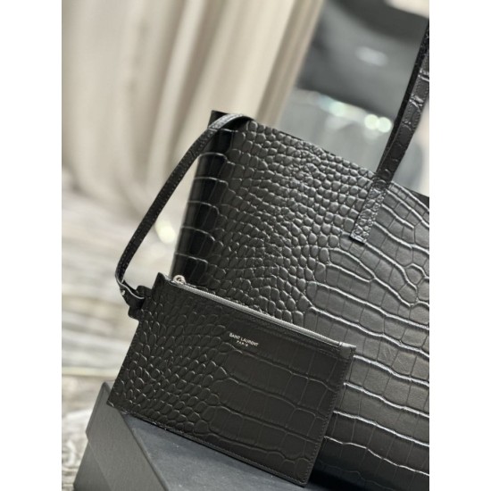 Fake YSL Saint Laurent Shopping Tote Bag Crocodile Print Leather Black Replica
