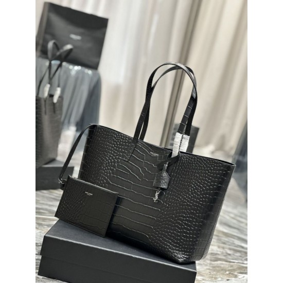 Fake YSL Saint Laurent Shopping Tote Bag Crocodile Print Leather Black Replica