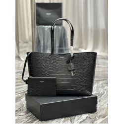 Fake YSL Saint Laurent Shopping Tote Bag Crocodile Print Leather Black Replica