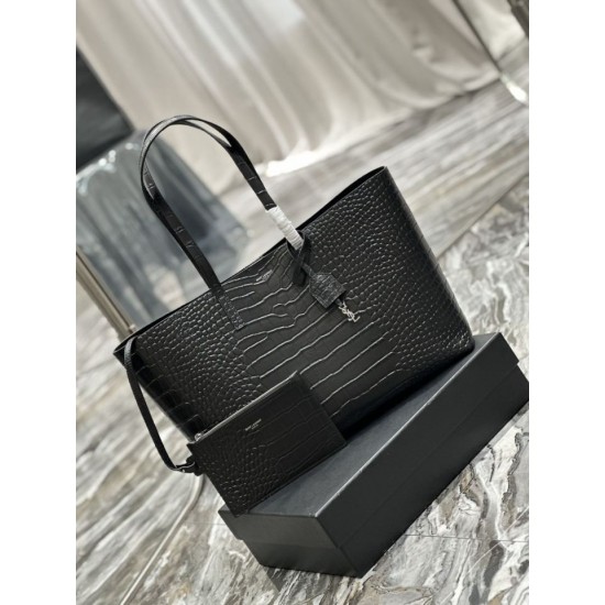 Fake YSL Saint Laurent Shopping Tote Bag Crocodile Print Leather Black Replica