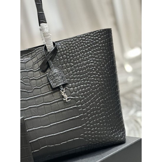 Fake YSL Saint Laurent Shopping Tote Bag Crocodile Print Leather Black Replica