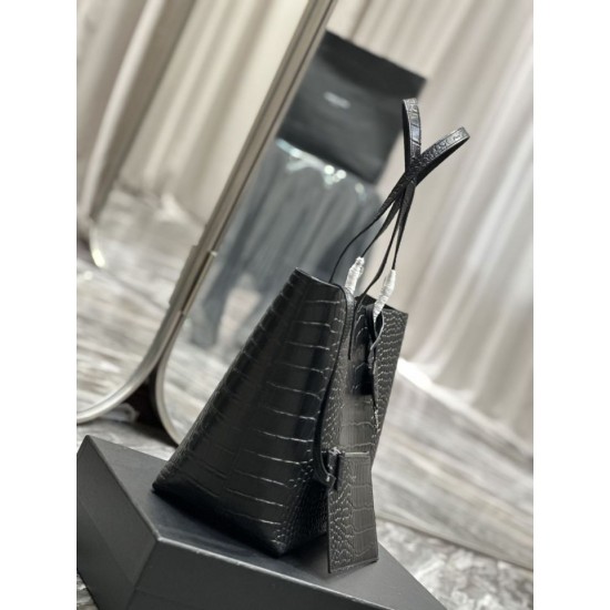 Fake YSL Saint Laurent Shopping Tote Bag Crocodile Print Leather Black Replica