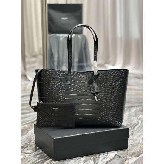 Fake YSL Saint Laurent Shopping Tote Bag Crocodile Print Leather Black Replica