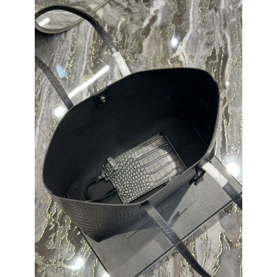 Fake YSL Saint Laurent Shopping Tote Bag Crocodile Print Leather Black Replica