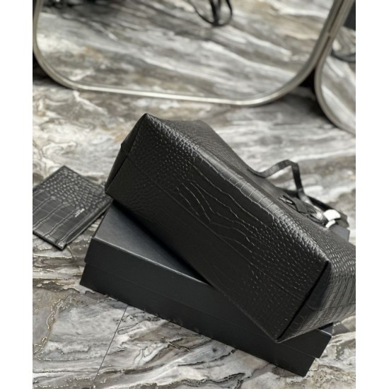 Fake YSL Saint Laurent Shopping Tote Bag Crocodile Print Leather Black Replica