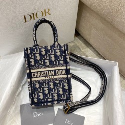 Fake Dior Mini Book Tote Phone Bag Dior Oblique Embroidery Blue Replica