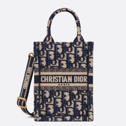 Fake Dior Mini Book Tote Phone Bag Dior Oblique Embroidery Blue Replica