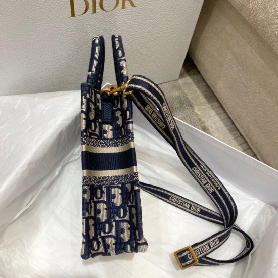 Fake Dior Mini Book Tote Phone Bag Dior Oblique Embroidery Blue Replica