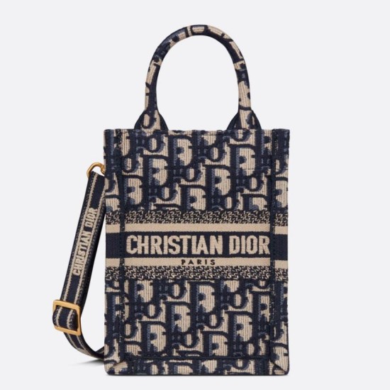 Fake Dior Mini Book Tote Phone Bag Dior Oblique Embroidery Blue Replica