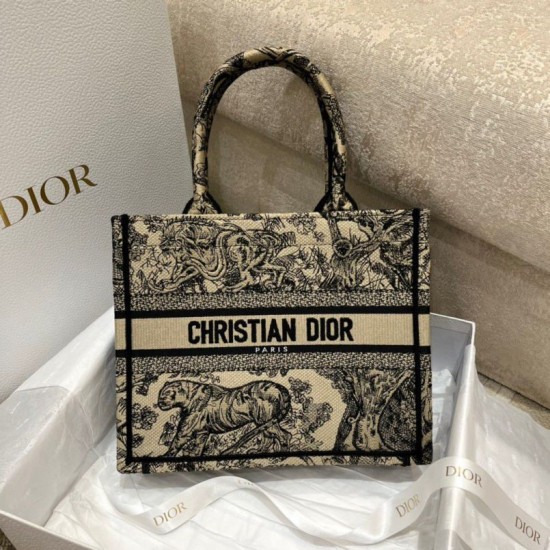 Fake Dior Small Book Tote Bag Toile de Jouy Embroidery Brown Replica