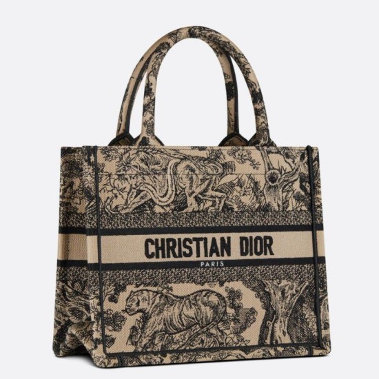 Fake Dior Small Book Tote Bag Toile de Jouy Embroidery Brown Replica