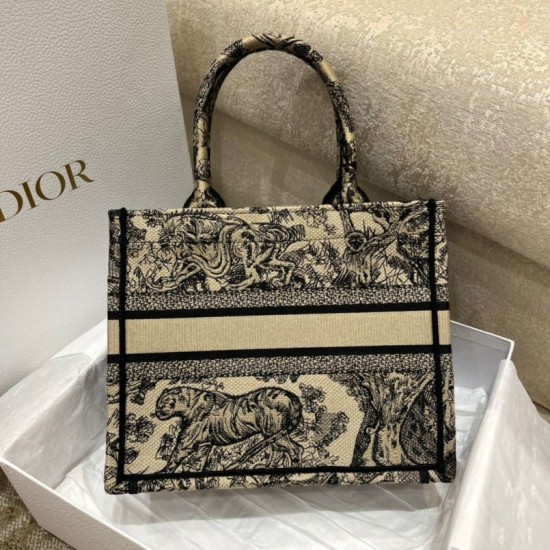 Fake Dior Small Book Tote Bag Toile de Jouy Embroidery Brown Replica