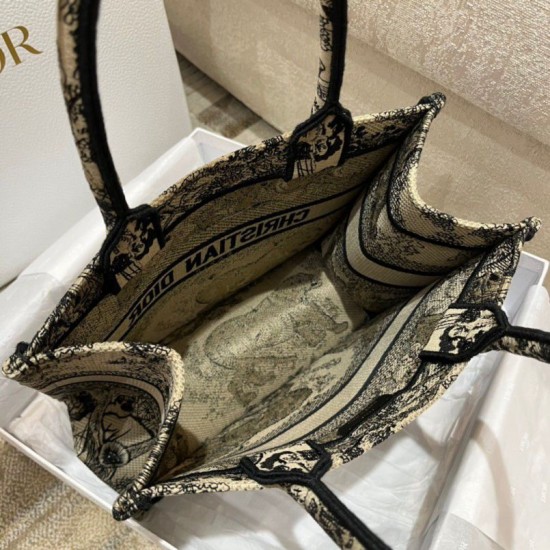 Fake Dior Small Book Tote Bag Toile de Jouy Embroidery Brown Replica