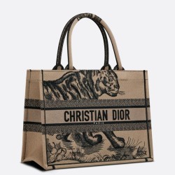 Replica Dior Medium Book Tote Bag In Macro Toile de Jouy Tiger Embroidery
