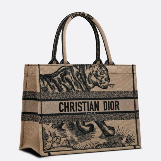 Replica Dior Medium Book Tote Bag In Macro Toile de Jouy Tiger Embroidery