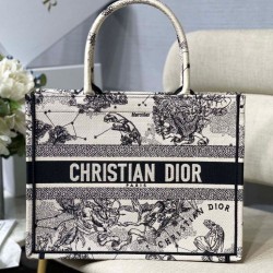 Fake Dior Medium Book Tote Bag Toile de Jouy Zodiac Embroidery White Replica