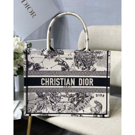 Fake Dior Medium Book Tote Bag Toile de Jouy Zodiac Embroidery White Replica