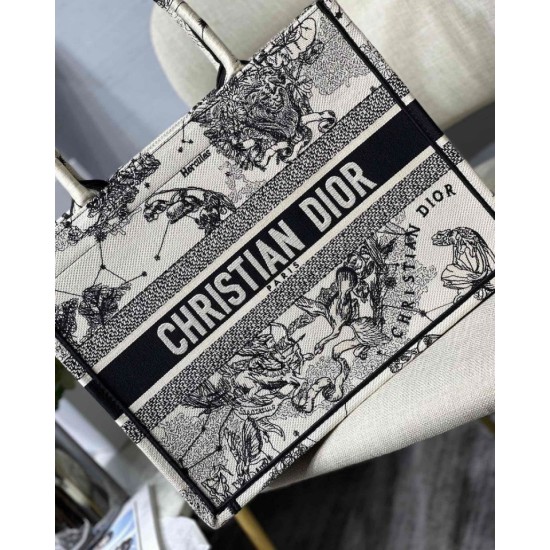 Fake Dior Medium Book Tote Bag Toile de Jouy Zodiac Embroidery White Replica