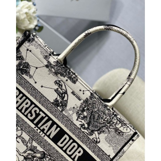 Fake Dior Medium Book Tote Bag Toile de Jouy Zodiac Embroidery White Replica
