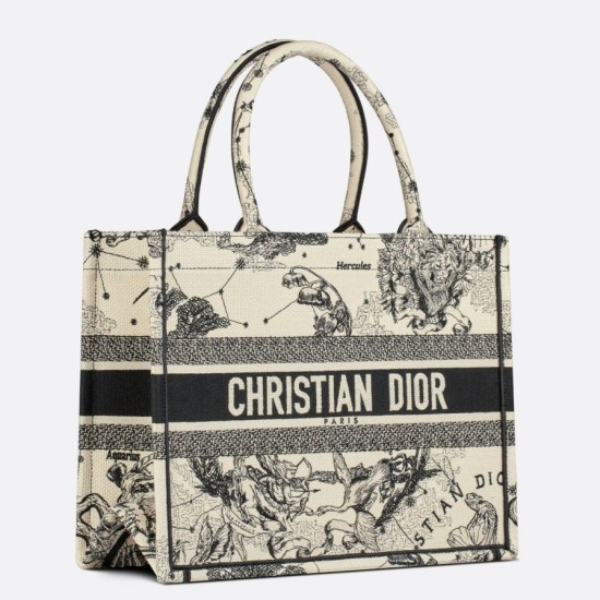 Fake Dior Medium Book Tote Bag Toile de Jouy Zodiac Embroidery White Replica