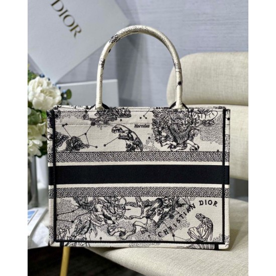 Fake Dior Medium Book Tote Bag Toile de Jouy Zodiac Embroidery White Replica
