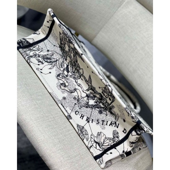 Fake Dior Medium Book Tote Bag Toile de Jouy Zodiac Embroidery White Replica