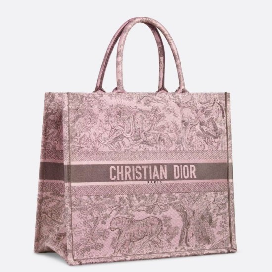 Replica Dior Large Book Tote Bag Toile de Jouy Sauvage Embroidery Pink / Gray 