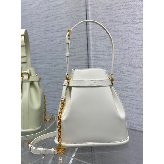Fake Dior C'est Medium Bucket Bag Saddle Calfskin White Replica
