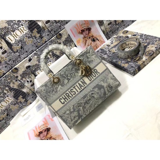 Replica Dior Large Lady D-Lite Bag Toile de Jouy Reverse Embroidery Gray Fake Dior Large Lady D-Lite Bag Toile de Jouy Reverse Embroidery Gray Replica